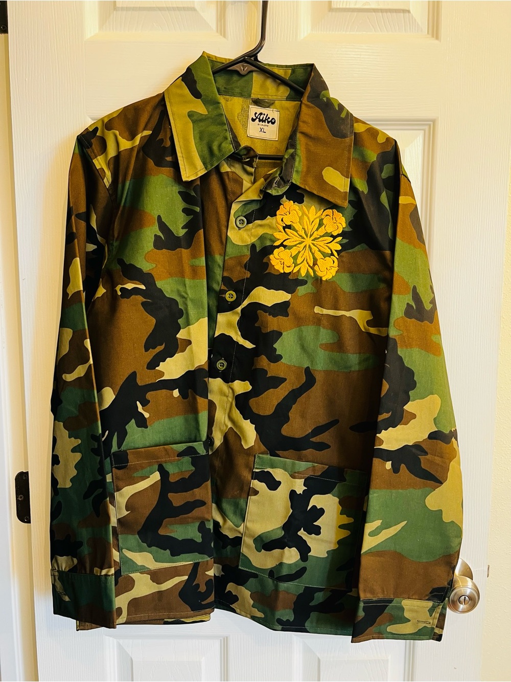 Women's Camouflage Jean Jacket with Yellow Quilt Embroidery
